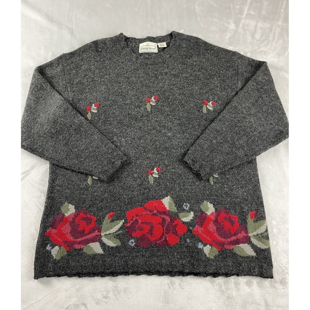 Vintage Fitting Image Sweater Women 22/24 Black Floral Wool Blend Cottagecore